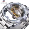 Forsining Hombres Diseño Transparente Reloj Mecánico Automático Plata Cuadrado Engranaje Dorado Esqueleto Cinturones de Acero Inoxidable Reloj Saati Y2535