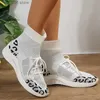 Sneakers Women Autumn 2024 Leopard Knit Dress Sock High Top Lace Up Flats Woman Super Size 43 Non-Slip Breattable Casual Shoes T230928 487