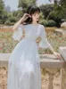 Vestidos casuais estilo bohimian luxo branco vestido longo para elegante senhora alargamento manga rendas até bordado oco out férias praia vestido
