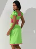 Vestidos de fiesta TEMUSCOLA V cuello ahueca hacia fuera el vestido de satén de encaje para las mujeres 2023 otoño manga de soplo almazuela elegante verde corto femenino