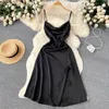 Vestidos casuais chique cetim sexy divisão balançando colar deslizamento vestido a linha festa de noite vestidos verão praia férias mulheres sundress