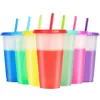 Кружки, 7 шт., портативные чашки, меняющие цвет, с соломинкой в крышке, пластиковые, многоразовые, для взрослых и детей224z