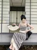 Arbeitskleider Zweiteiliges Set Y2k Ästhetische Quaste Gestrickte Harajuku Schleife Damen Tanks Koreanischer Sommer Slim Vintage Streetwear Gestreifte lange Röcke