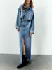 Fashion with Pockets Front Split Denim Skirt Women 2023 High Waist Straight Skirt Women Vintage Faded Slit Long Dresses