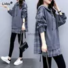 Women's Hoodies Sweatshirts Loose Streetwear Thick Plaid Spliced Sweatshirts Two Fake Pieces Pullovers Hooded Mid-length Long Sleeve Wild Women's Clothing YQ230928