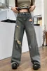 Jeans pour femmes Style américain rétro déchiré automne lâche droite jambe large Demin pantalon Y2K fille épicée haute rue pantalon usé