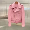 Damen Leder Kunstleder Mantel Frühling Frauen Echtes Leder Jacke Mode Kurze Kleidung Weibliche Rosa Oberbekleidung Umlegekragen FN6673 230927