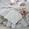 Koreaanse stijl beige prinses bruiloft beddengoed set 100% katoen 4 stuks luxe rozenprint kant ruches dekbed dekbedovertrek sprei Bed274E