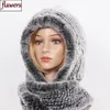 Bufandas 2023 Invierno Mujeres Real Fur HatScarves Mujer Punto Natural Rex Conejo Con Capucha Cálido Punto Gorros Genuinos Bufanda 230927