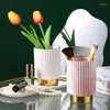 Tazas Taza de almacenamiento de cerámica de mármol de lujo moderno en borde dorado Elegante pincel de maquillaje decorativo Lápiz Contenedor de flores Decoración de mesa