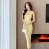 Casual Dresses Runway French Knit Sleeveless Slim Tank Summer Elegant Patry Yellow Ruffle Mid Length Dress Femmes Vestido