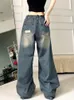 Jeans femininos vintage rasgado mulheres baggy grunge y2k retro estilo coreano denim calças streetwear namorado de grandes dimensões