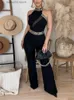 Women's Jumpsuits Rompers Set -outifits 2023 New Geo Tape Patch Sheer Mesh Jumpsuit av One Fashion Casual Pieces for Women Tracksuits Elegant Female T230928