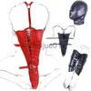 Bondage PU Copricapo in pelle Testa regolabile Cappuccio Maschera Raccoglitore per braccia Spalle Gambe Polsini Fascio Schiavo Gioco di ruolo Imbracatura SM Restraint Sex Toys x0928