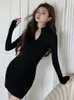 Vestidos casuais 2023 moda sólida preto mulheres mini vestido outono magro bodycon feminino manga longa festa robe sexy meia gola alta roupas