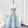 Blue Prom Evening Dresses Tiered Ruffles Tulle Pleat Ruched A-Line rygglösa Saudi Arabic Women Party-klänningar Eng208