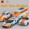 Diecast Model car CCA Gulf Gas Station Fusca Bus Ford GT Camaro Racing Model Car Metal Diecast Miniature Vehicle Child Toy Car For Boy Gift 230927