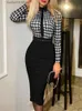 Basic Casual Dresses 2023 New Dresses For Women Houndstooth Print Long Sleeve Tie Detail Work Dress With Belt Y2k Vestidos Office Lady Elegant Midi T230928