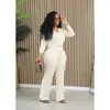 Knit Ribbed Tracksuit Women Two Piece Set Long Sleeve Button Sexy Deep V-neck Sweater Top And Straight Wide Leg Pants 2PCS Suit Outfit