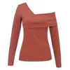 Blouses pour femmes Épaules dénudées Coupe ajustée Col asymétrique T-shirts côtelés Chic Couleur unie Manches longues Tricoté Femmes Blouse Y2K Top Blusa