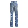 Женские джинсы, модные осенние женские узкие дырявые женские брюки с рваными уличными пятиконечными звездами, повседневные синие джинсовые брюки