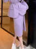 ツーピースドレスInsozkdg Quality Office Ladies Suits Skirt Two-Piece Setup Autumn Purple with Belt blazer Chic High-Waist Split Spit