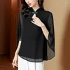 Etniska kläder 2023 kinesisk stil förbättrad cheongsam topp krage kvinnor chiffong blus elegant avslappnad daglig ihålig svart qipao