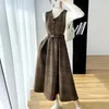 Casual Dresses Korean Fashion Plaid Long Dress Women Autumn Winter Two Piece Sweater Woolen Tank With Belt Elegant Sundress Vestidos