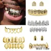 Bling Cross Dentes de Vampiro Fang Grillz 18K Ouro Real Punk Hip Hop Oco Diamante Grelhas Boca Suspensórios Tampa de Dente Rapper Joias Corporais para Cosplay Festa à Fantasia de Halloween