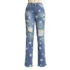 Женские джинсы, модные осенние женские узкие дырявые женские брюки с рваными уличными пятиконечными звездами, повседневные синие джинсовые брюки