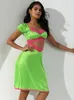 Vestidos de fiesta TEMUSCOLA V cuello ahueca hacia fuera el vestido de satén de encaje para las mujeres 2023 otoño manga de soplo almazuela elegante verde corto femenino