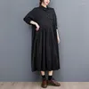 Casual Dresses Pleated Shirt For Women Long Sleeve Stand Collar Loose Large Size Vintage Dress Fashion Elegant Clothing Spring Autumn
