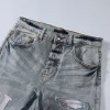 Designer män jeans delade byxor mens smala fit casual hip hop knappbyxa män elastiska kvinnor hål lila jean true lyx 765635377 r8d1