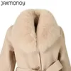 Women 'Blends Jaxmonoy Cashmere Coat Women Real Fur Collar Cuffs Ladies Autumn Winter Wool Blend Fashion Belt Slim Outerwear女性230927