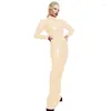 Vestidos casuais gótico wetlook pvc couro apertado maxi vestido falso látex gola alta manga longa magro bodycon clubwear fetiche