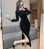 Sıradan Elbiseler 2023 Sonbahar Kış Velvet Gece Elbise Vintage Kadınlar O boyun parıltısı Rhinestone yan bölünmüş düğmeler bodycon siyah midi giysileri