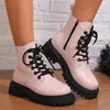 Botas rosa pu plataforma de couro tornozelo mulheres 2023 outono zip lace up combate mulher fundo grosso antiderrapante botas de motocicleta 230928