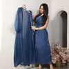 Etnisk kläder lyxklänning 2st Shiny Evening Party Cardigan Robe Muslim Islamic Kaftan Abaya Vestidos Eid Ramadan Dubai Gown Female
