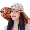 Cappelli a tesa larga Cappello da sole Stile etnico Stampa Patchwork Colore Fiocco Decor Estate Donna Grande paglia floscia