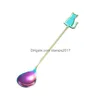 Spoons Ice Cream Spoon 304 Stainless Steel Coffee Stirring Scoop Cute Cat Fish Decor Long Handle Scoops Water Drop Shape Creative Sn Dhe2S
