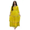 Casual Dresses Summer Spring Muslim Women Fashion 3/4 Sleeve Polyester Green Yellow Purple Long Abaya Dress