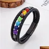 Charm Armbänder Natürliche Tigerauge Perlen 7 Chakra Armband Leder Seil Kette Yoga Heilung NCE Muttertag Schmuck Großhandel 230216 Dro Dh59Q