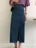 Skirts Women Denim Fashion Office Work Lady Side Slit Long Solid Casual Streetwear High Waist Skirt Mid-Calf