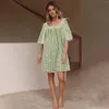 Robes décontractées Femmes Été 2023 Arrivées Vert Vintage Imprimer Manches bouffantes Vacances Boho Lâche Sweet Girls Robe de soirée