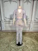 Stage Wear Luxurious Rhinestones Mesh Transparent Long Sleeve Dress For Women Sexy Birthday Celebrate Evening Prom Dresses