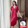 Women's Sleepwear 2023 Summer Short Sleeve Silk Satin Sexy Lace Lingerie V-neck Nightgowns For Women Night Dress Nightdress Home Nighty