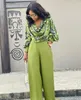 INS Fashion Women Two Piece Sets Pants Printing Design Lantern Sleeve Shirt Wide Leg Trousers Casual Suit Plus Size S-2XL