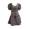 Party Dresses Women's Plaid A-line Mini Dress Vintage 2000s Fashion Club Short Sleeve Kawaii One Piece Frocks Summer Clothes 2023