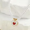 Hänge halsband röd hjärta vit skiva imitation pärlhalsband för kvinnor krage rostfritt stål lås utredande mode accessorie