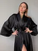 Women's Sleepwear Restve Elegant Women Robes With Sashes Black Three Quarter Sleeve Bathrobe Female Summer Casual Home Robe Satin Nightwear